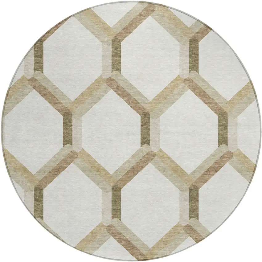 8' Ivory And Brown Round Geometric Washable Indoor Outdoor Area Rug Photo 2