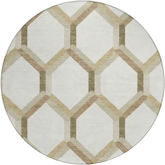 8' Ivory And Brown Round Geometric Washable Indoor Outdoor Area Rug Photo 2