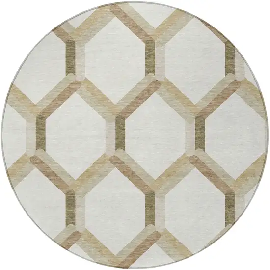 8' Ivory And Brown Round Geometric Washable Indoor Outdoor Area Rug Photo 5
