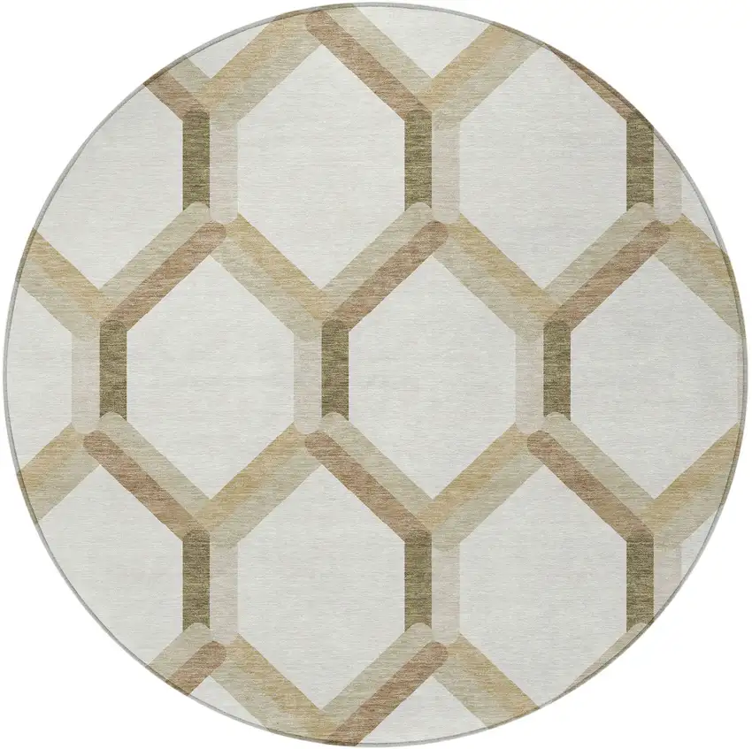 8' Ivory And Brown Round Geometric Washable Indoor Outdoor Area Rug Photo 5
