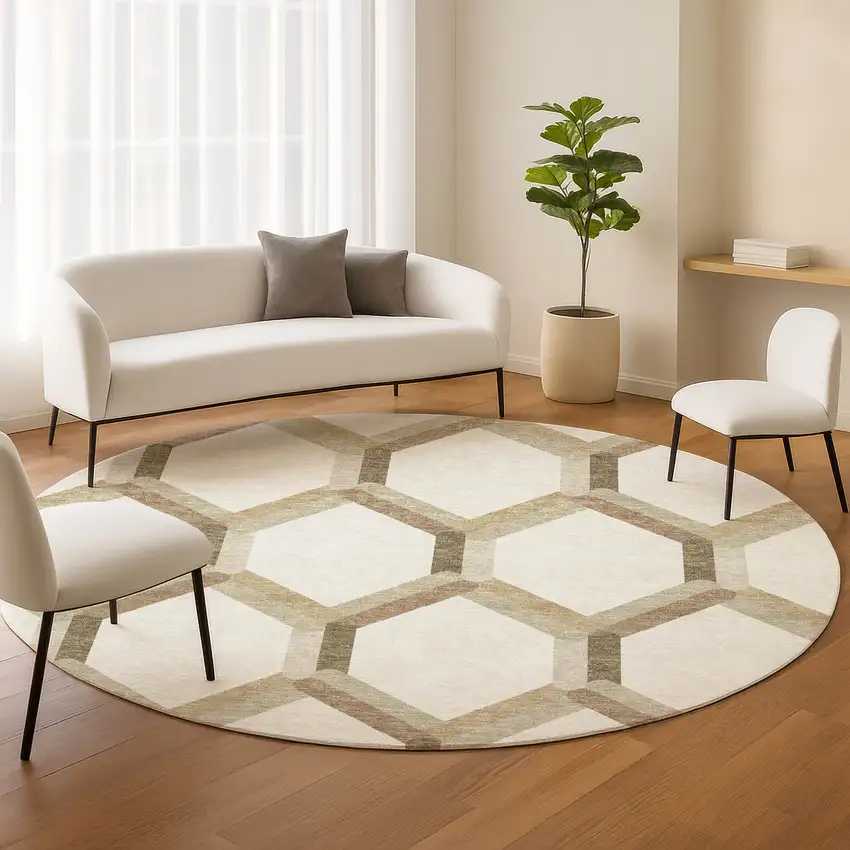8' Ivory And Brown Round Geometric Washable Indoor Outdoor Area Rug Photo 9