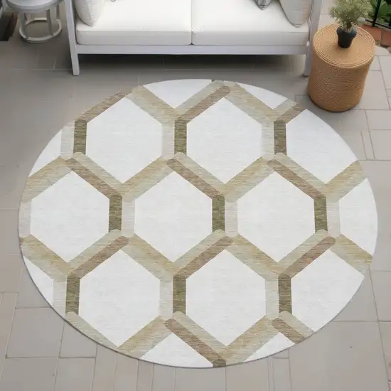 8' Ivory And Brown Round Geometric Washable Indoor Outdoor Area Rug Photo 8