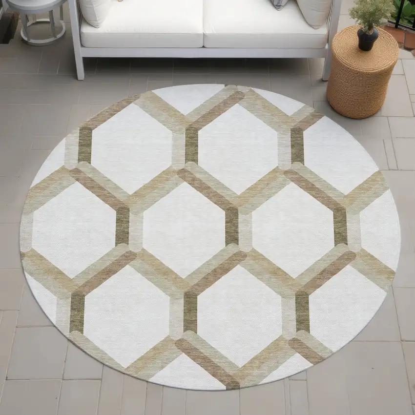 8' Ivory And Brown Round Geometric Washable Indoor Outdoor Area Rug Photo 8