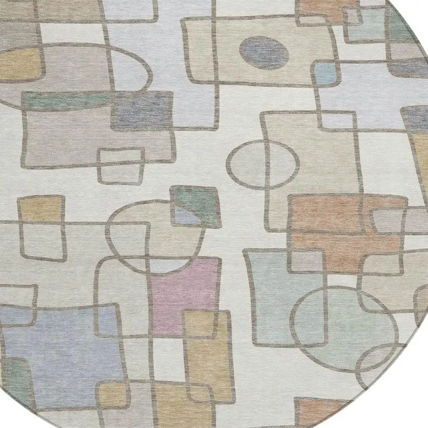 8' Ivory And Brown Round Geometric Washable Indoor Outdoor Area Rug Photo 2