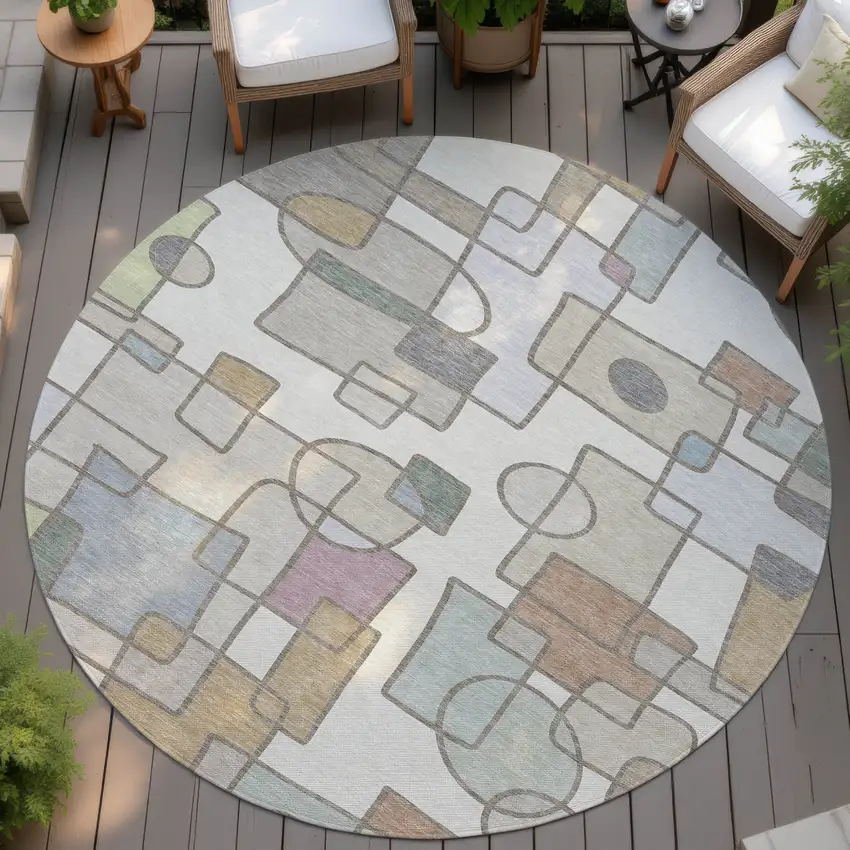 8' Ivory And Brown Round Geometric Washable Indoor Outdoor Area Rug Photo 4