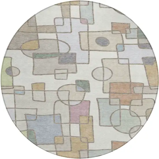 8' Ivory And Brown Round Geometric Washable Indoor Outdoor Area Rug Photo 1
