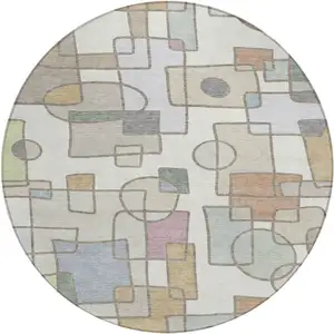 Photo of 8' Ivory And Brown Round Geometric Washable Indoor Outdoor Area Rug