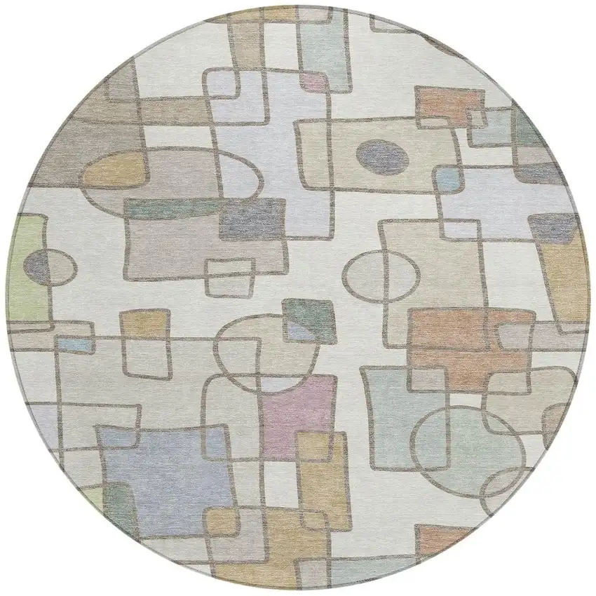 8' Ivory And Brown Round Geometric Washable Indoor Outdoor Area Rug Photo 3