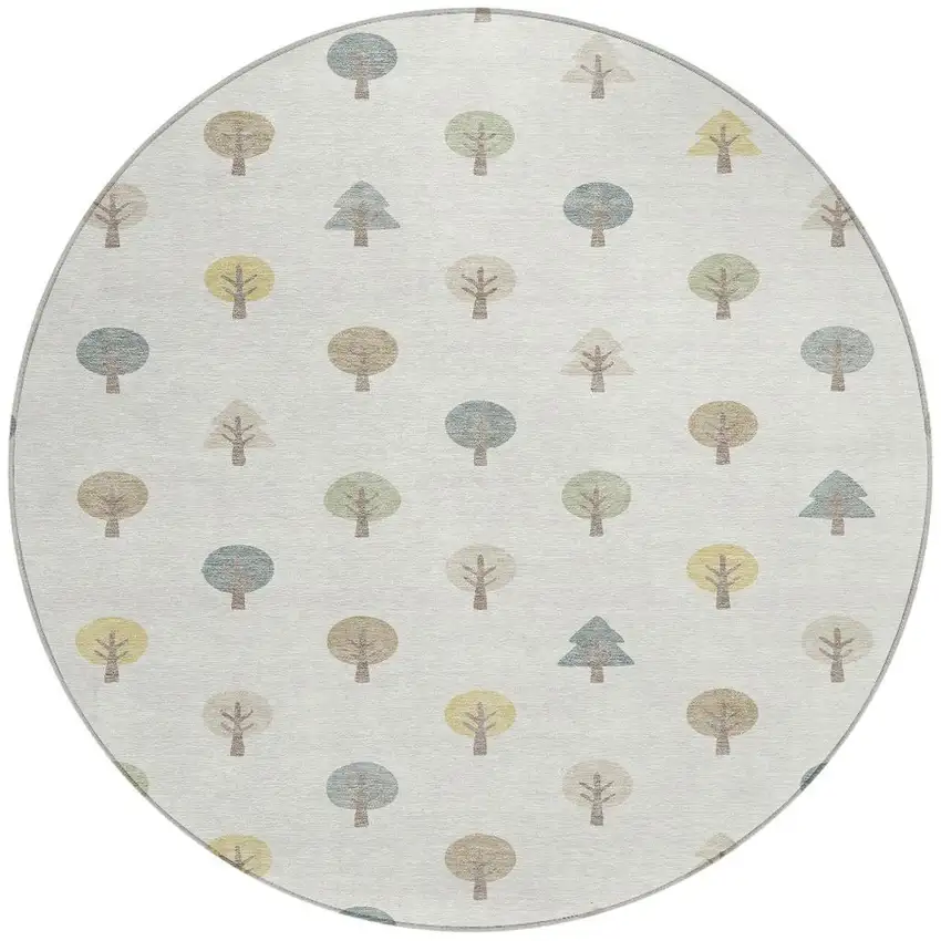 8' Ivory And Brown Round Geometric Washable Indoor Outdoor Area Rug Photo 4