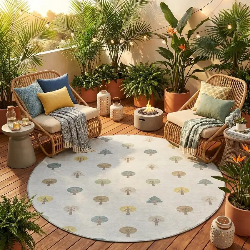 8' Ivory And Brown Round Geometric Washable Indoor Outdoor Area Rug Photo 1