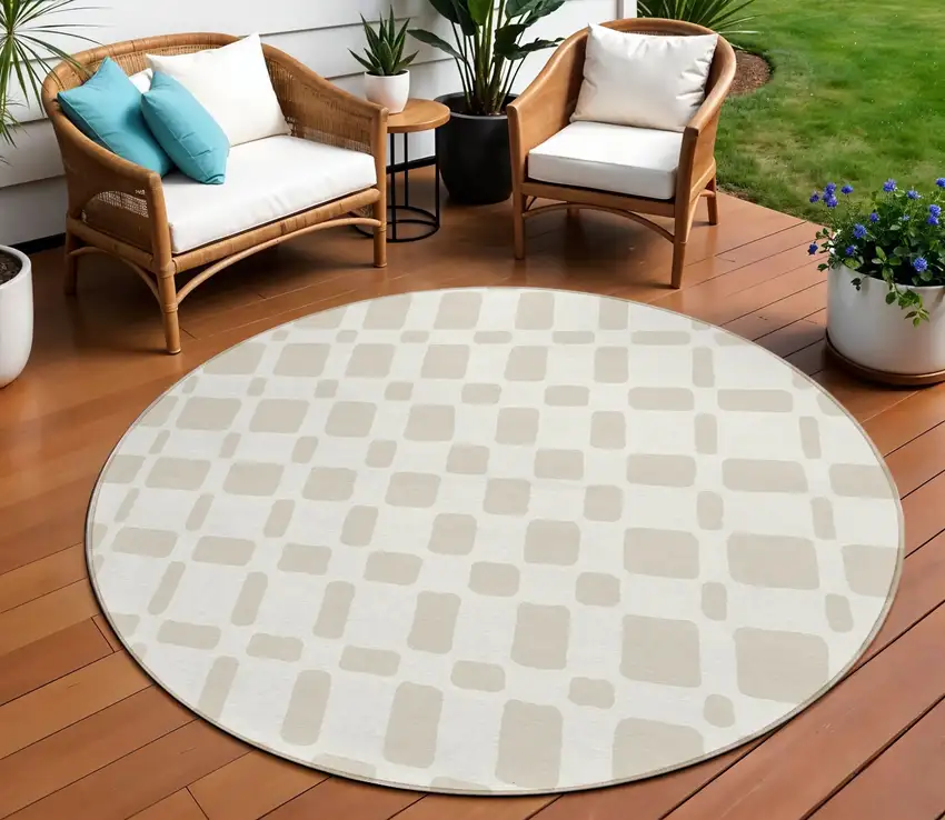 8' Ivory And Brown Round Geometric Washable Indoor Outdoor Area Rug Photo 1