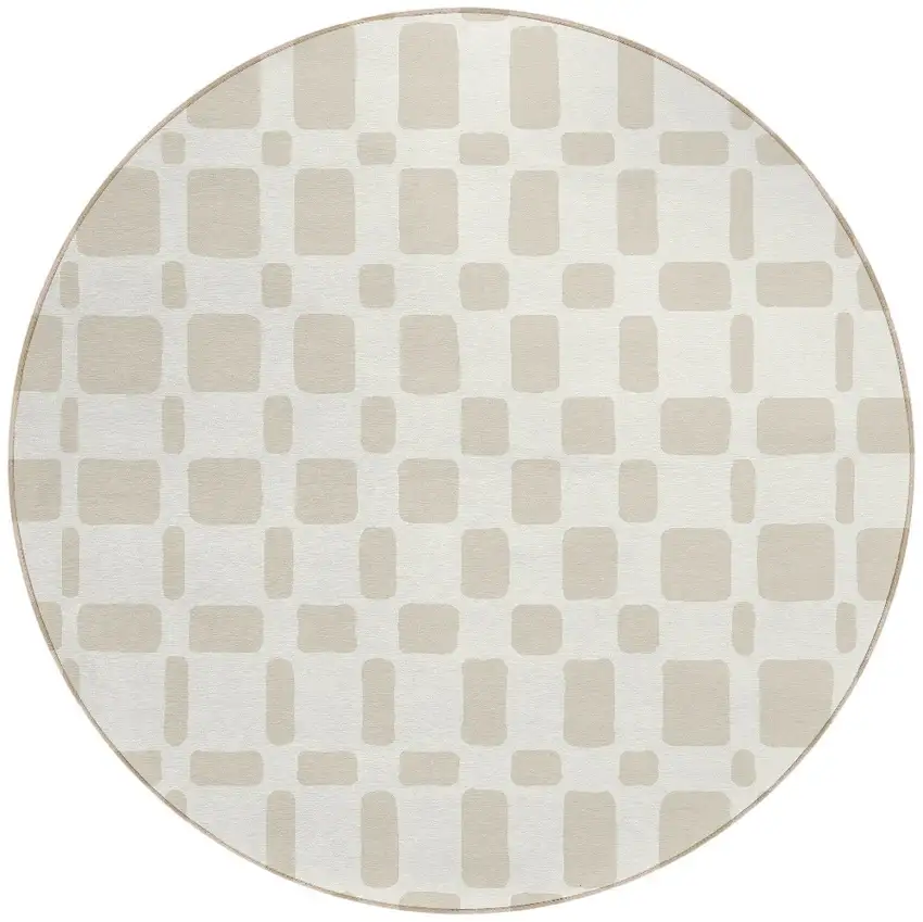 8' Ivory And Brown Round Geometric Washable Indoor Outdoor Area Rug Photo 5