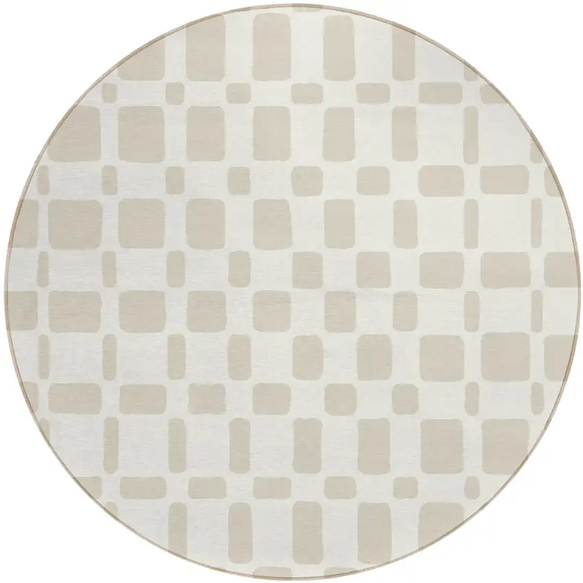 8' Ivory And Brown Round Geometric Washable Indoor Outdoor Area Rug Photo 2