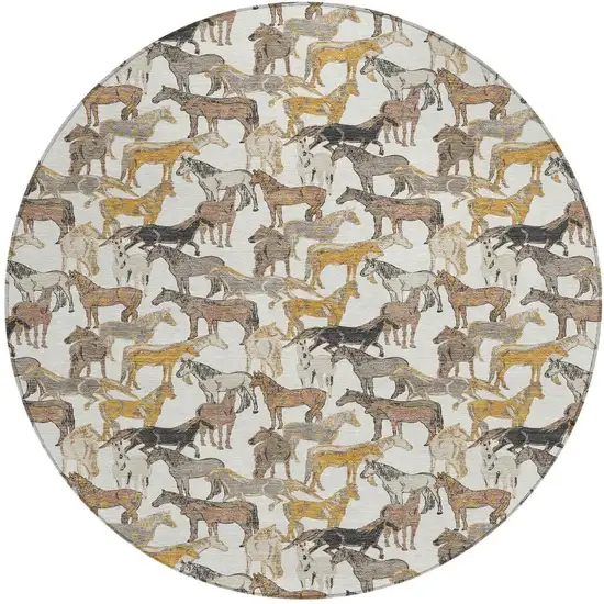 8' Ivory And Brown Round Horse Washable Indoor Outdoor Area Rug Photo 4