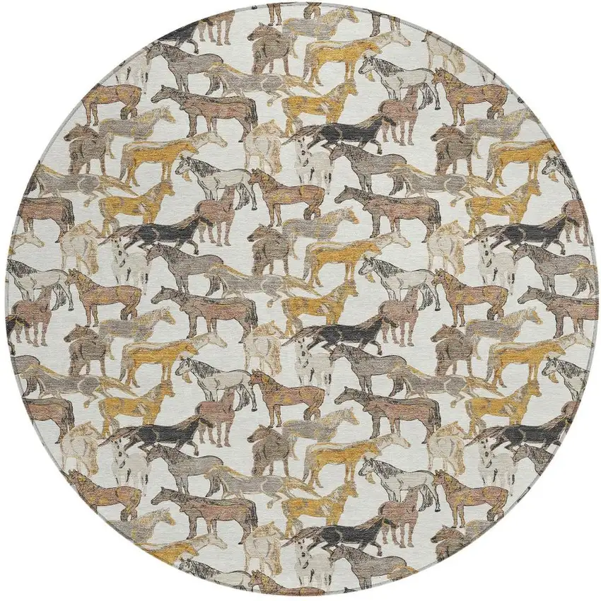 8' Ivory And Brown Round Horse Washable Indoor Outdoor Area Rug Photo 4