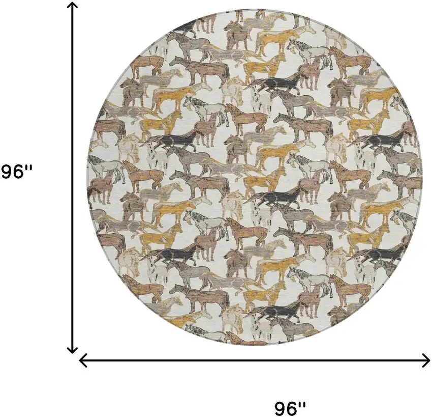 8' Ivory And Brown Round Horse Washable Indoor Outdoor Area Rug Photo 7