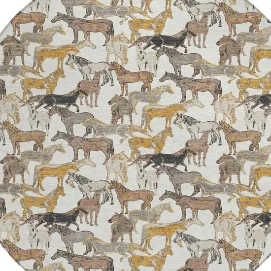 8' Ivory And Brown Round Horse Washable Indoor Outdoor Area Rug Photo 3