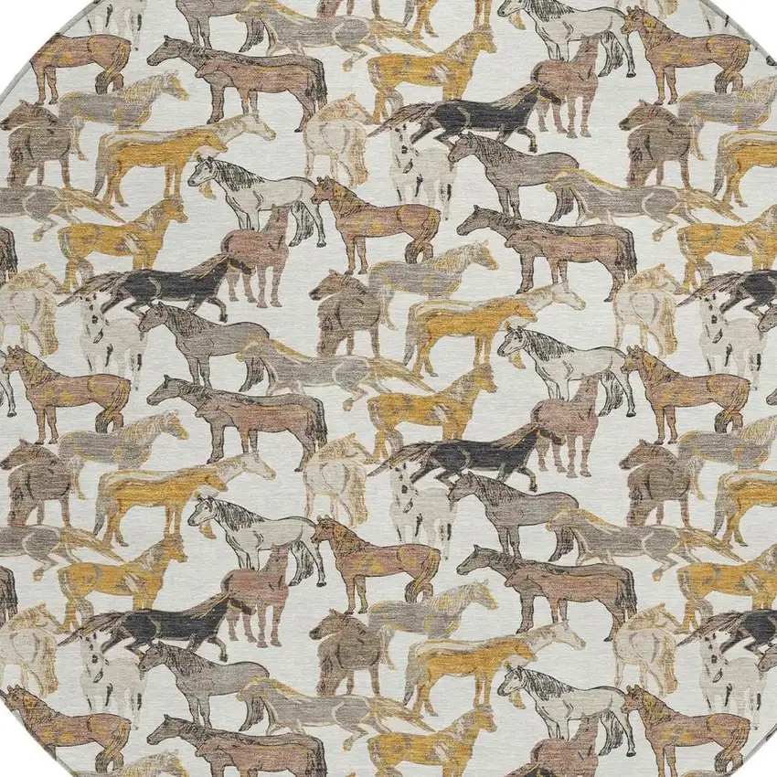 8' Ivory And Brown Round Horse Washable Indoor Outdoor Area Rug Photo 3