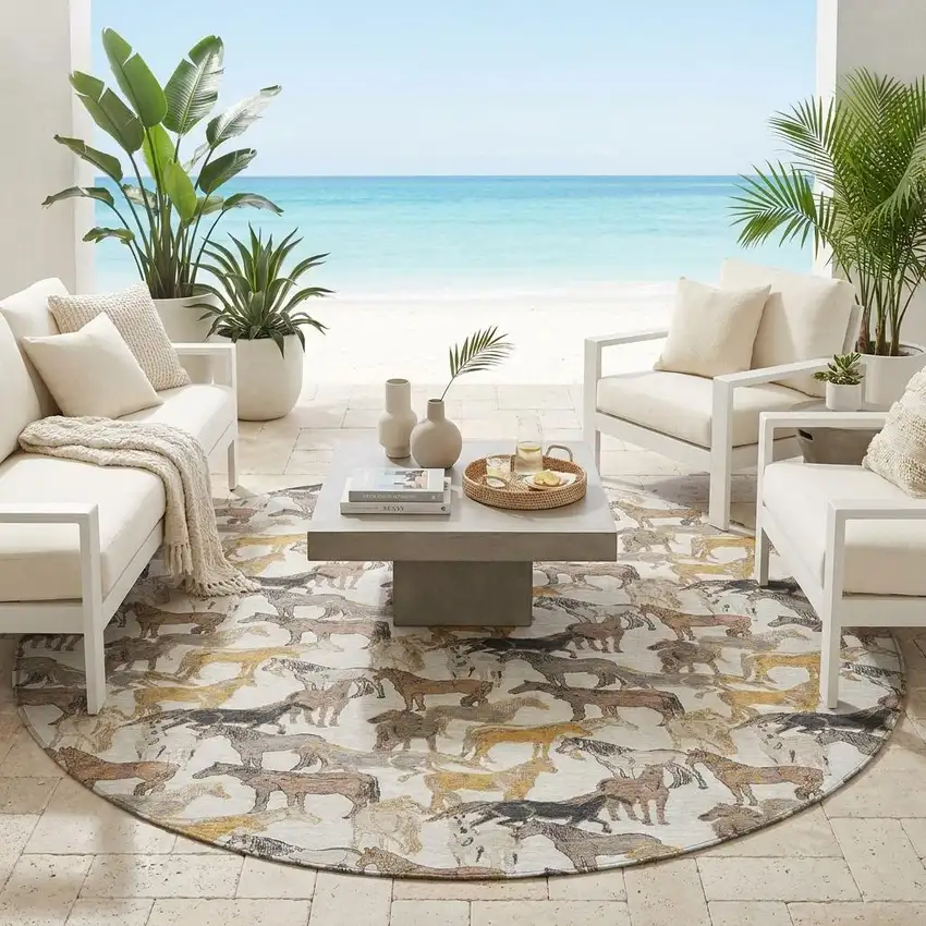 8' Ivory And Brown Round Horse Washable Indoor Outdoor Area Rug Photo 1