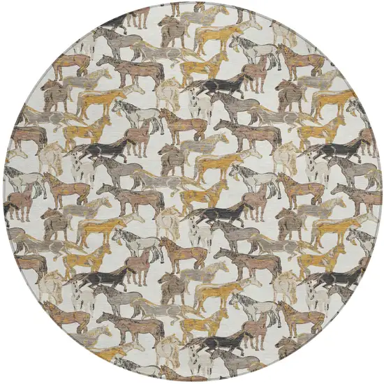 8' Ivory And Brown Round Horse Washable Indoor Outdoor Area Rug Photo 2