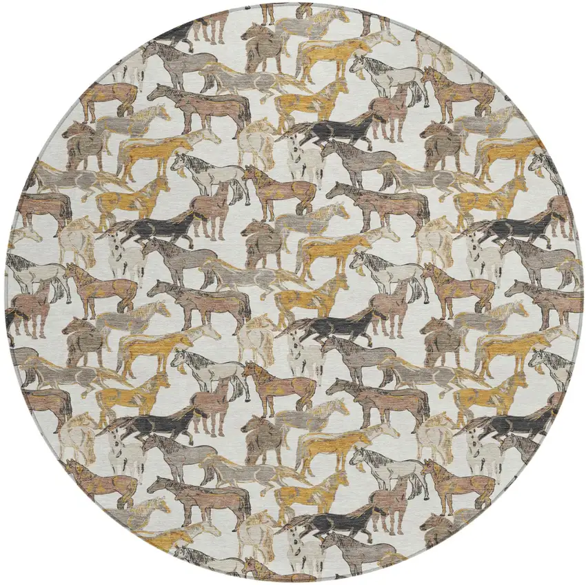 8' Ivory And Brown Round Horse Washable Indoor Outdoor Area Rug Photo 2