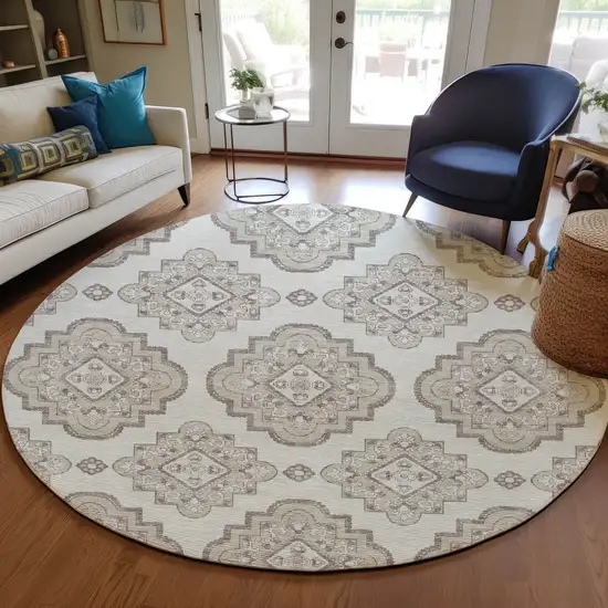 8' Ivory And Brown Round Medallion Washable Indoor Outdoor Area Rug Photo 7