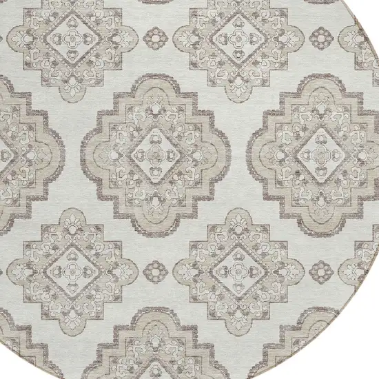 8' Ivory And Brown Round Medallion Washable Indoor Outdoor Area Rug Photo 4