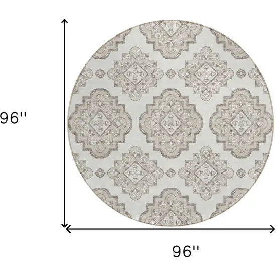 8' Ivory And Brown Round Medallion Washable Indoor Outdoor Area Rug Photo 3