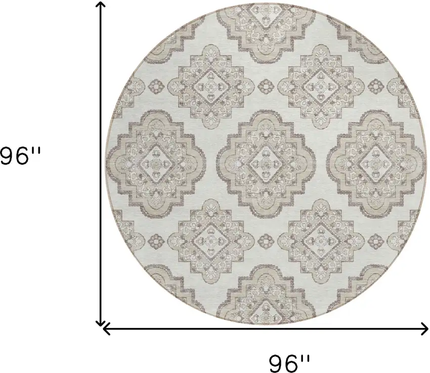 8' Ivory And Brown Round Medallion Washable Indoor Outdoor Area Rug Photo 3