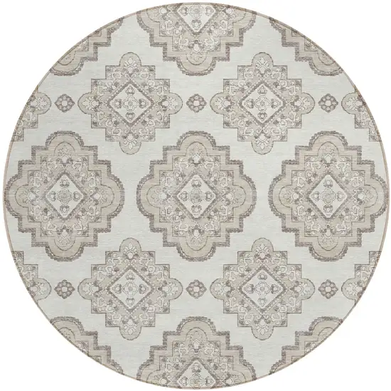 8' Ivory And Brown Round Medallion Washable Indoor Outdoor Area Rug Photo 2