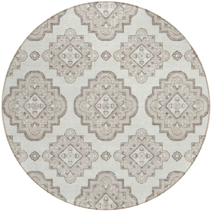 8' Ivory And Brown Round Medallion Washable Indoor Outdoor Area Rug Photo 2