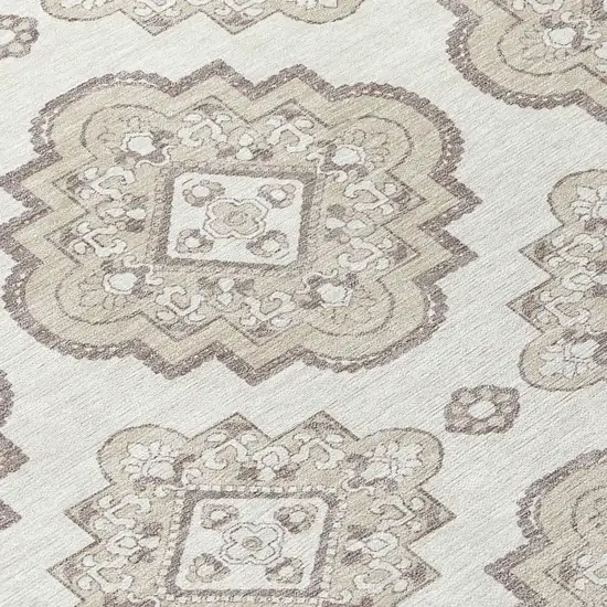 8' Ivory And Brown Round Medallion Washable Indoor Outdoor Area Rug Photo 8
