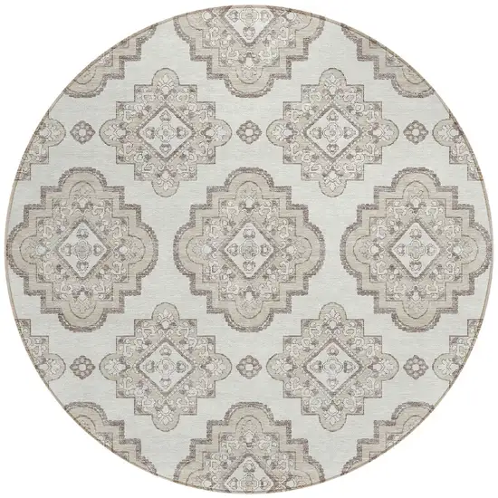 8' Ivory And Brown Round Medallion Washable Indoor Outdoor Area Rug Photo 5