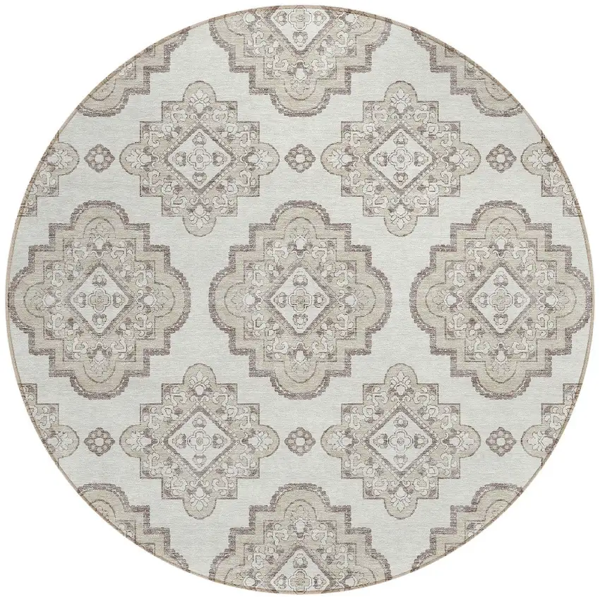 8' Ivory And Brown Round Medallion Washable Indoor Outdoor Area Rug Photo 5