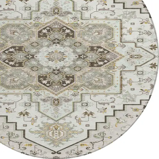 8' Ivory And Brown Round Oriental Washable Indoor Outdoor Area Rug Photo 4