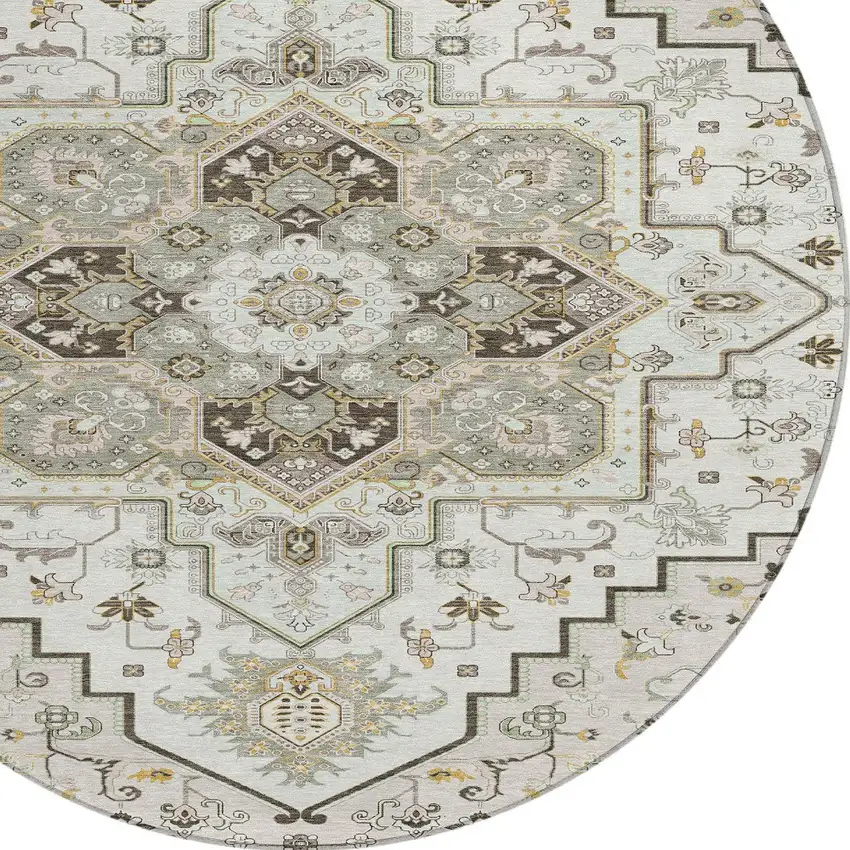 8' Ivory And Brown Round Oriental Washable Indoor Outdoor Area Rug Photo 4