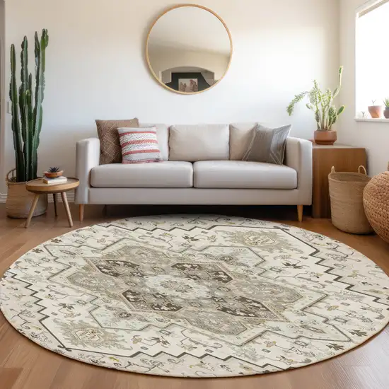 8' Ivory And Brown Round Oriental Washable Indoor Outdoor Area Rug Photo 8