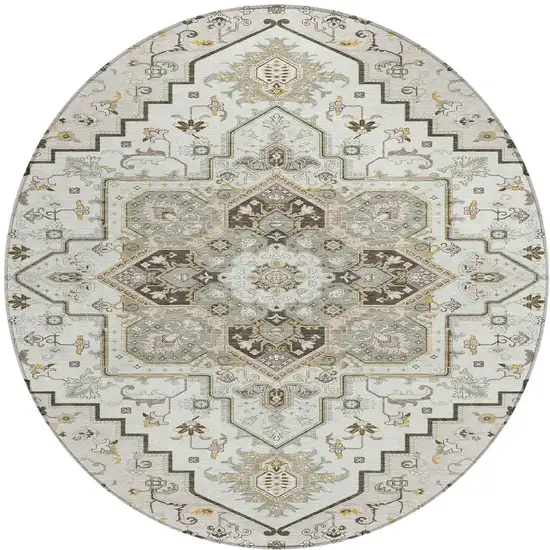 8' Ivory And Brown Round Oriental Washable Indoor Outdoor Area Rug Photo 6
