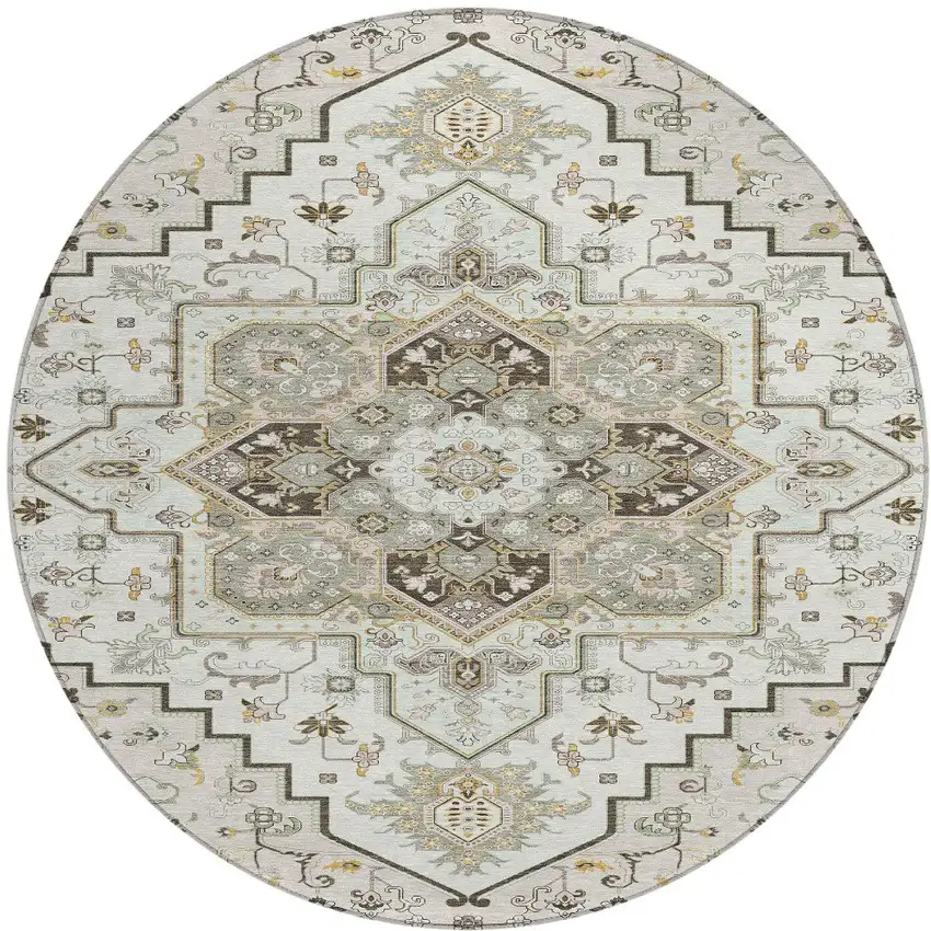 8' Ivory And Brown Round Oriental Washable Indoor Outdoor Area Rug Photo 6