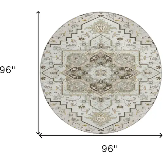 8' Ivory And Brown Round Oriental Washable Indoor Outdoor Area Rug Photo 3