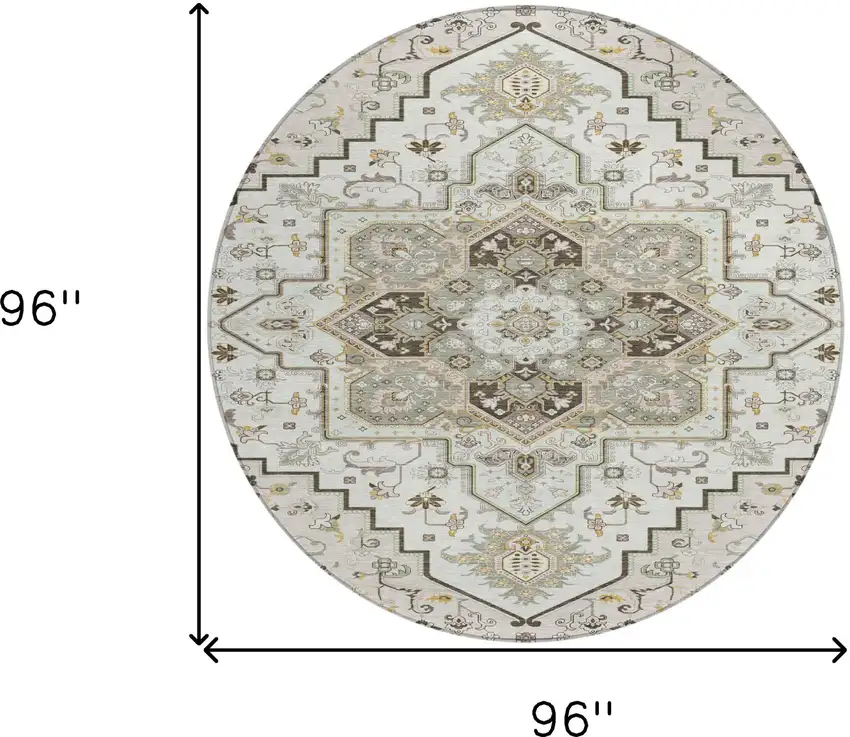 8' Ivory And Brown Round Oriental Washable Indoor Outdoor Area Rug Photo 3