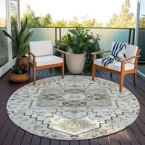 Photo of 8' Ivory And Brown Round Oriental Washable Indoor Outdoor Area Rug