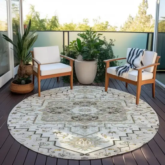 8' Ivory And Brown Round Oriental Washable Indoor Outdoor Area Rug Photo 7