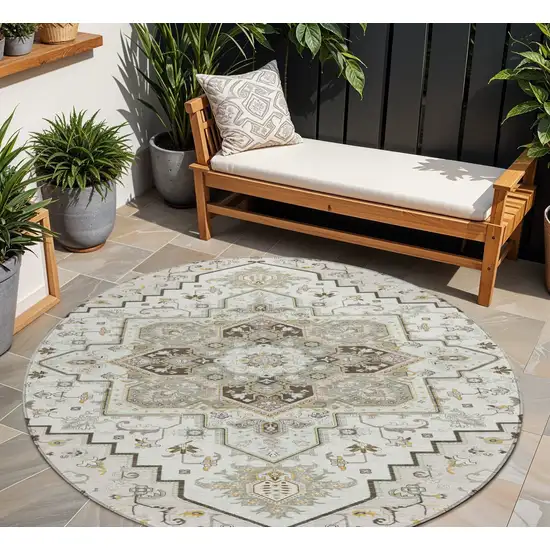 8' Ivory And Brown Round Oriental Washable Indoor Outdoor Area Rug Photo 1