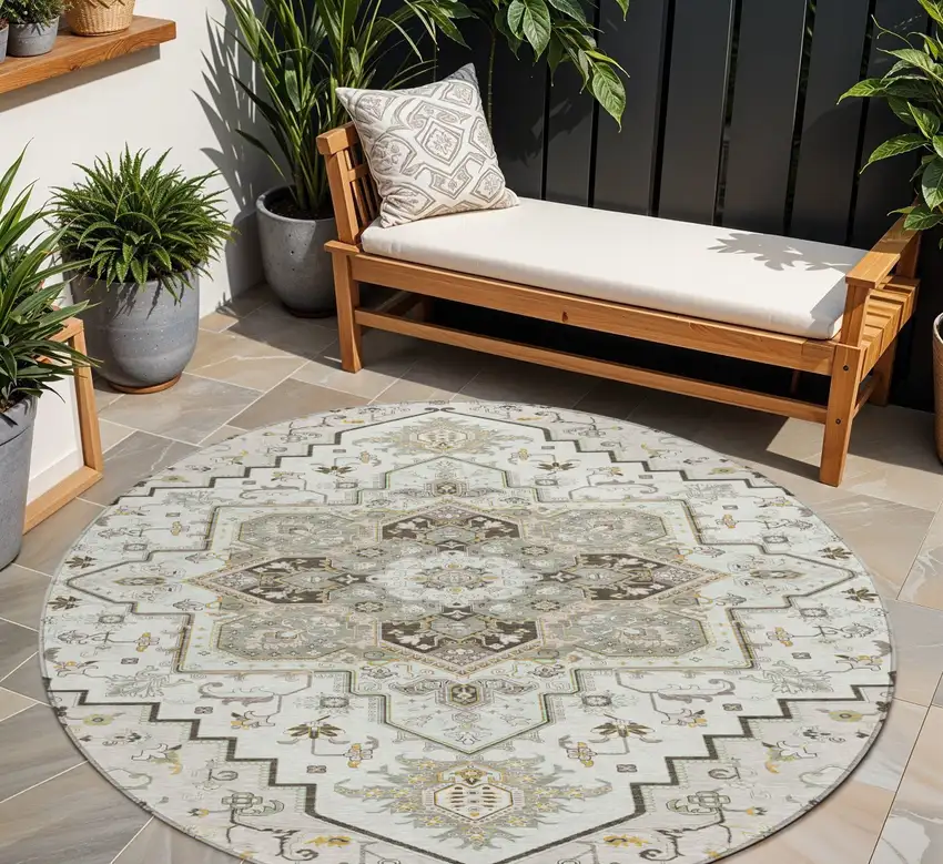 8' Ivory And Brown Round Oriental Washable Indoor Outdoor Area Rug Photo 1