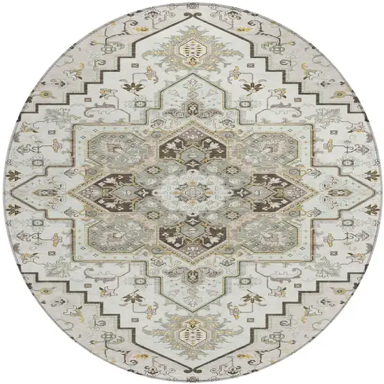8' Ivory And Brown Round Oriental Washable Indoor Outdoor Area Rug Photo 2