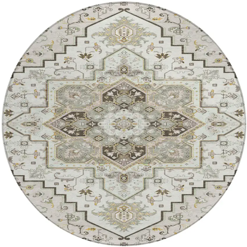 8' Ivory And Brown Round Oriental Washable Indoor Outdoor Area Rug Photo 2