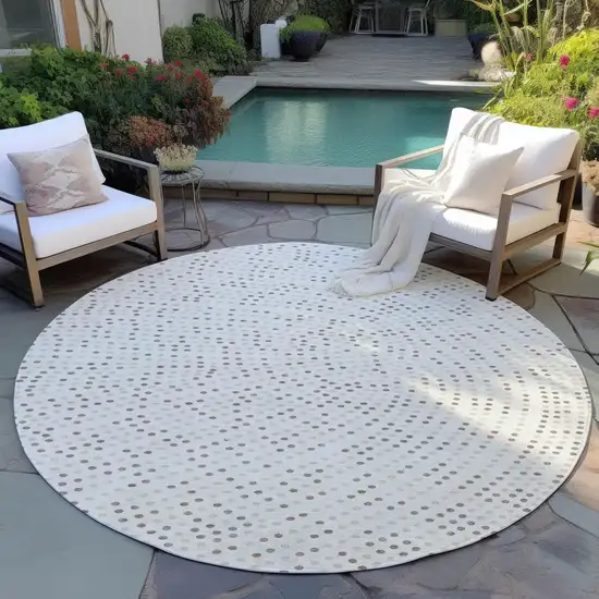 8' Ivory And Brown Round Polka Dot Washable Indoor Outdoor Area Rug Photo 6