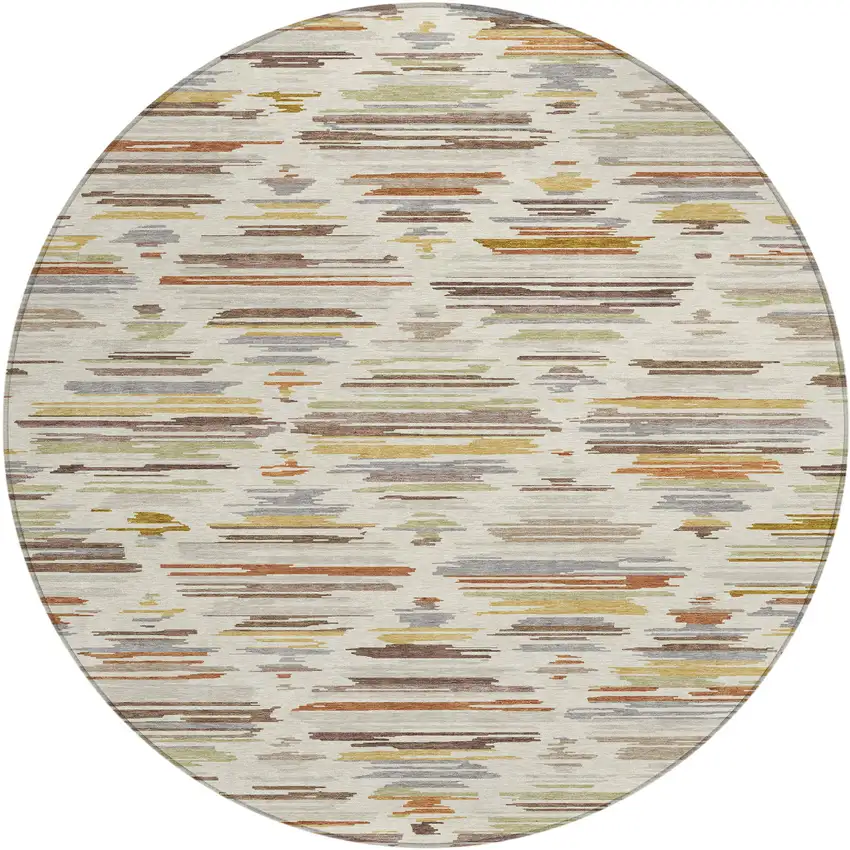8' Ivory And Brown Round Southwestern Washable Indoor Outdoor Area Rug Photo 1