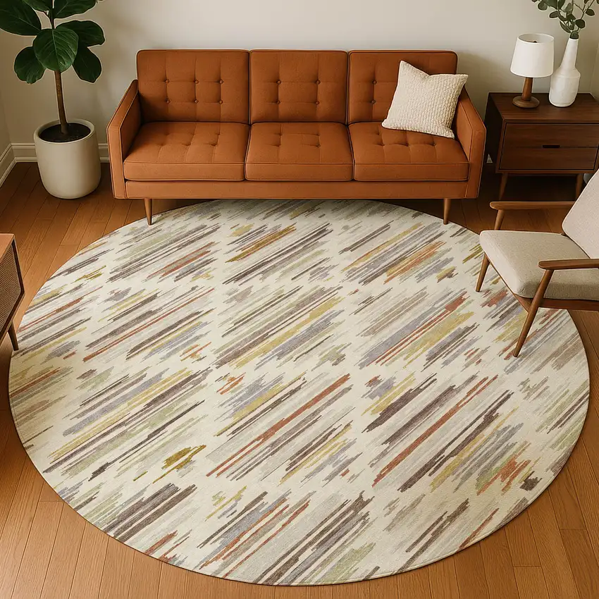 8' Ivory And Brown Round Southwestern Washable Indoor Outdoor Area Rug Photo 5